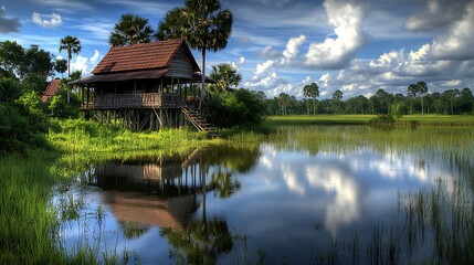 Obraz premium Stilt House Reflecting In Calm Water Under A Blue Sky
