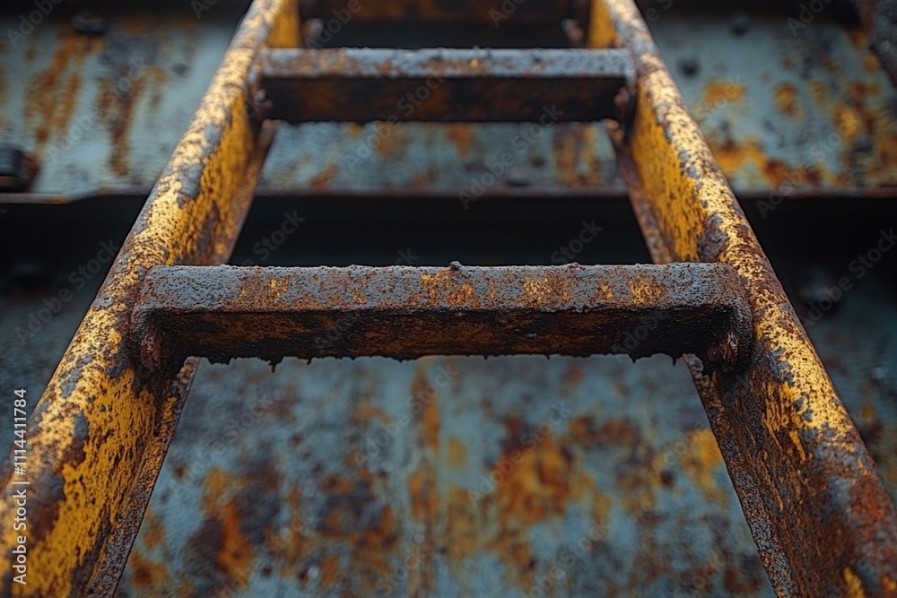 Poster industrial abandoned site with rusty equipment and a ladder for climbing, great for use in sci-fi or