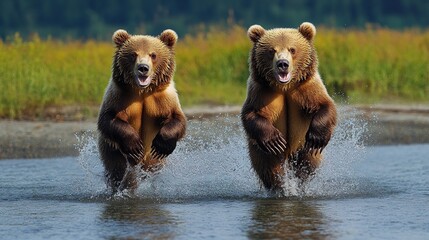 Obraz premium Two brown bears playfully running in shallow water.