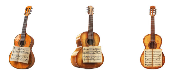 Acoustic Guitars with Sheet Music on Transparent Background
