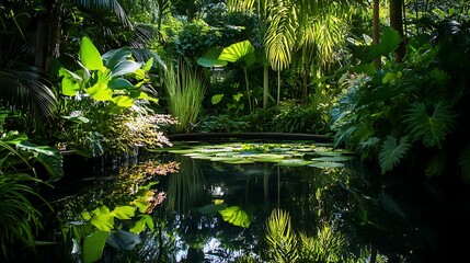 Obraz premium Lush Tropical Garden Pond Reflecting Sunlight
