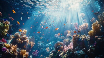 Sunbeams illuminate vibrant coral reef teeming with colorful fish.