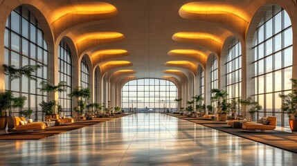 Fototapeta premium Sunlit grand hall with arched windows, marble floor, and lounge seating.