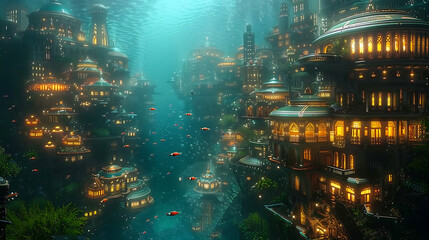 Enchanting Underwater Cityscape Illuminated by Bioluminescent Light, Offering a Dreamlike Atmosphere, Surrounded by Vibrant Marine Life and Mystical Architecture