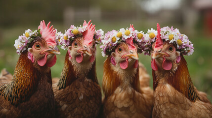 Farm hens wearing flower crowns gather for a playful photoshoot in a rural setting
