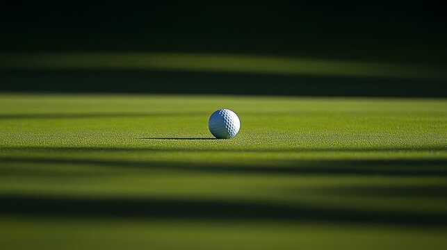 Golf ball rests on a lush green putting green, with shadows creating parallel lines across the surface.
