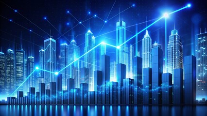 Fototapeta premium Urban Growth Blue Cityscape and Ascending Data Lines