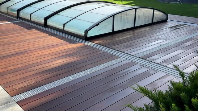 Pool deck patio, exterior hardwood floor designed around pool with enclosure