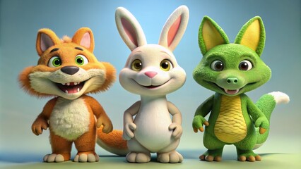 Fototapeta premium Three Adorable Cartoon Friends Fox, Bunny, Dragon