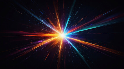Naklejka premium A dazzling explosion of vibrant light and color, featuring sharp, prismatic beams radiating from a central glowing point, creating an abstract, futuristic energy burst on a dark background