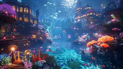 Dreamlike Underwater Cityscape with Bioluminescent Lights and Vibrant Marine Life, Showcasing an Enchanting Atmosphere of Colorful Flora and Fauna