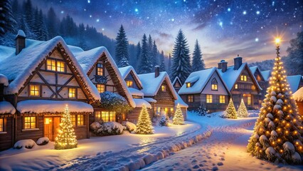 Starlit Night Snow-Covered Village and Illuminated Christmas Tree
