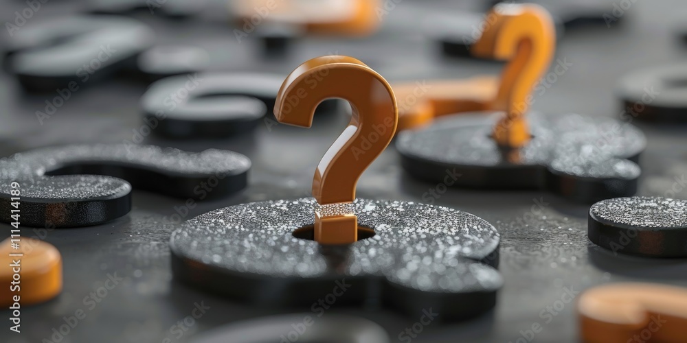 Poster A close-up shot of several question marks on a table, often used as a visual representation of uncertainty or curiosity