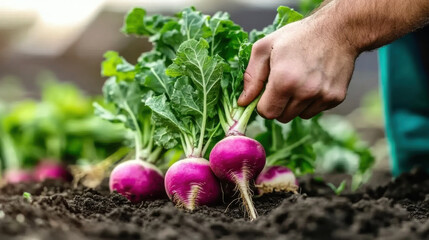 Close-up, organic fresh vegetables. The farmer has a fresh radish in his hands