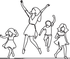 Joyful Line Drawing of a Happy Woman, Girl, and Children Dancing and Jumping