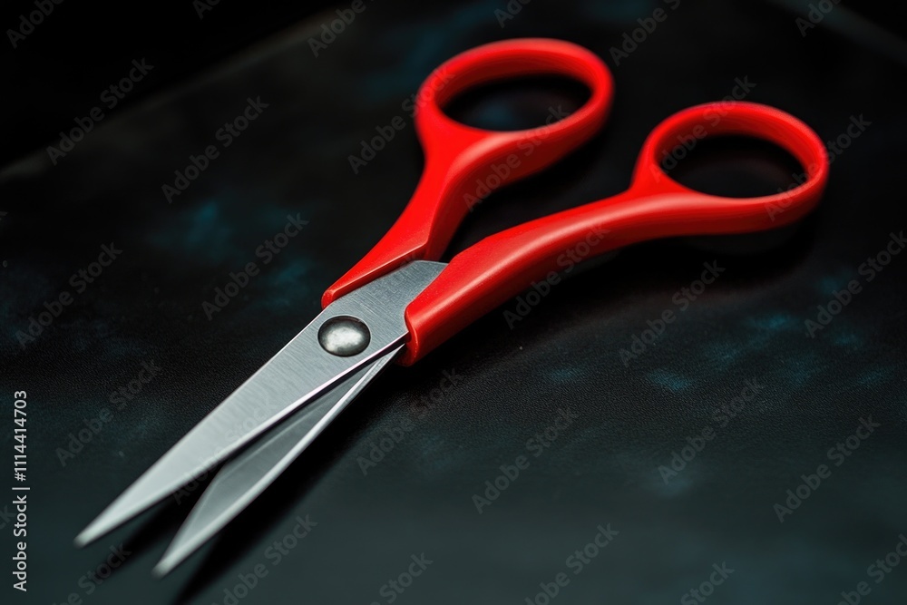 Poster A pair of red scissors resting on a table, perfect for use in still life compositions or as a symbol of creativity