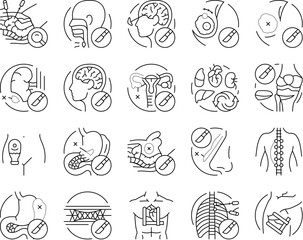 surgery hospital health icons set vector. surgical room, technology plastic, medical patient, emergency medicine, face nose surgery hospital health black contour illustrations