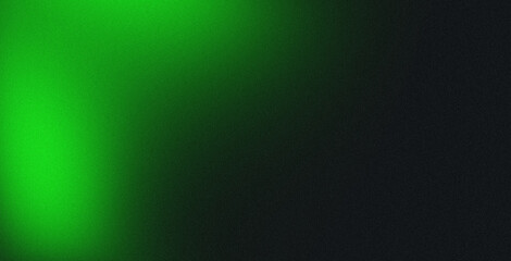 Green grainy color flow on a black background with noise texture effect, wide website banner header design with space