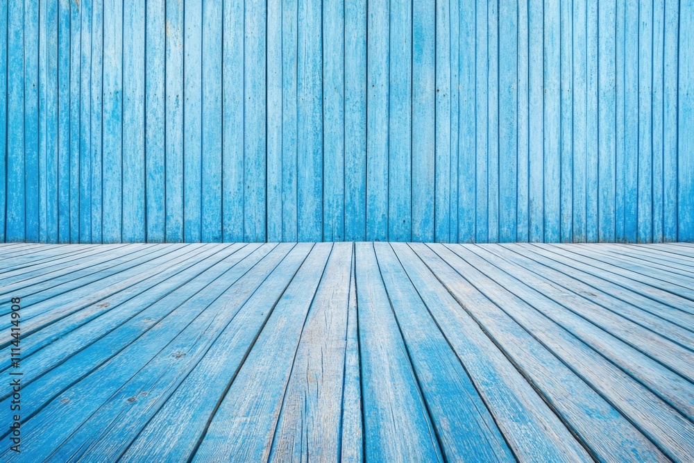 Poster a wooden floor with a blue wall in the background, suitable for use in interior design or architectu