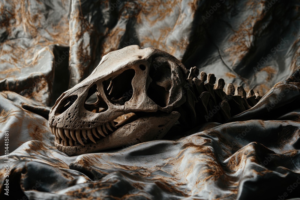 Poster a close-up view of a skull resting on a cloth, perfect for use in crime scene or horror-themed desig