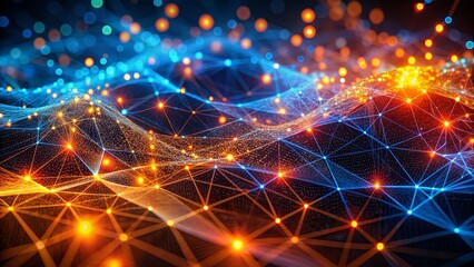 Fototapeta premium Global Network Blue and Orange Nodes, Interconnected Waveform, Digital Connectivity