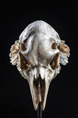 Naklejka premium A human skull perched on a wooden stick, often used for display or decoration