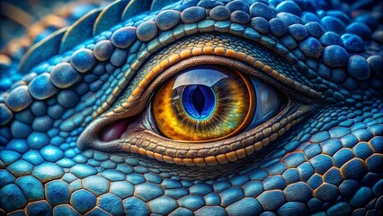 Fototapeta premium Dragon's Eye Close-Up, Blue Scales, Fantasy Concept