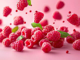 Vibrant raspberries floating gracefully against a soft pink background, perfect for culinary and health-related visuals..