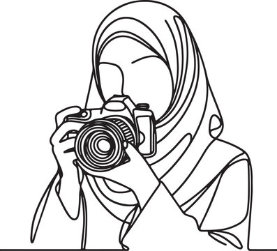 recommend clip art: Line Drawing of a Professional Muslim Woman in Hijab Capturing Photos with a Camera