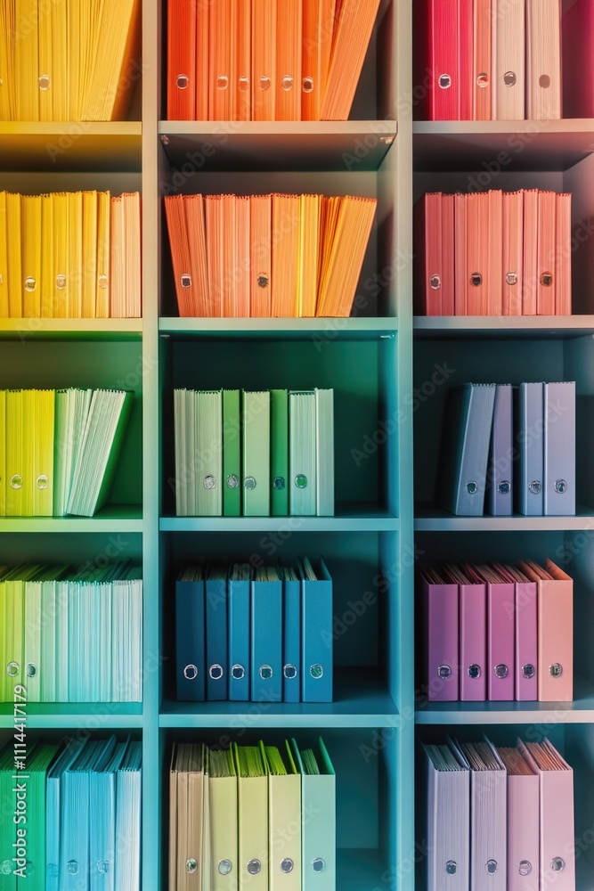 Leinwandbilder A row of colorful binders stored on a bookshelf, perfect for organizing notes and documents