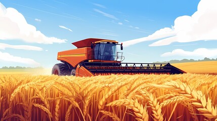 Fototapeta premium A vibrant orange harvester skillfully reaping golden wheat under a clear blue sky.