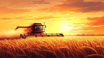 Fototapeta premium A vibrant sunset illuminates a combine harvester working in a golden wheat field.