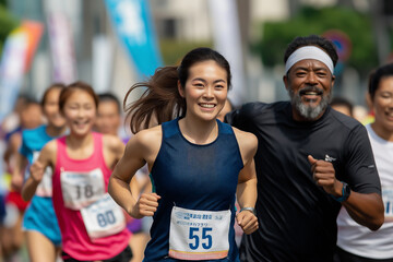 Runners engage in a joyful marathon under bright skies in a vibrant city. Generative AI