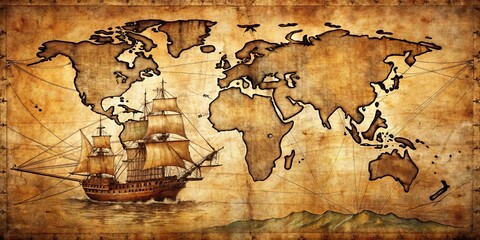 Antique World Map Galleon and Global Exploration