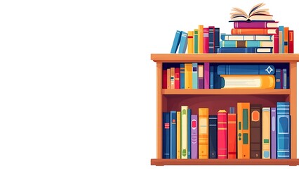 Colorful cartoon bookshelf with various books on it, isolated on white background for education, reading, learning and study concept
