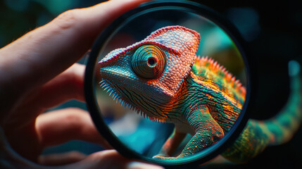Obraz premium vibrant chameleon is observed through magnifying lens, showcasing its colorful scales and intricate details