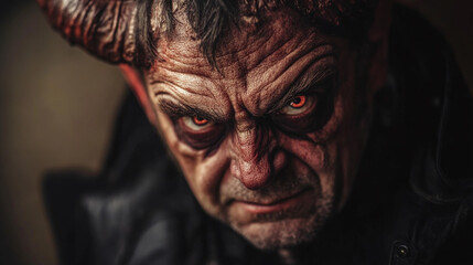 Obraz premium Portrait of a character with horns, an intense gaze, and dramatic makeup in a dark setting