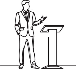 Line Drawing of a Standing Businessman Making a Presentation Gesture – Simple and Professional Illustration