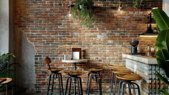 Industrial Chic Cafe Interior Design: Exposed Brick Walls, Wooden Stools, and Lush Greenery