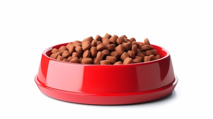 A vibrant red pet food bowl filled with brown kibble, perfect for a hungry pet.