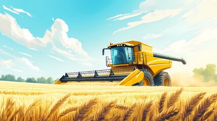 Obraz premium A vibrant yellow combine harvester at work in a golden wheat field under a bright blue sky.