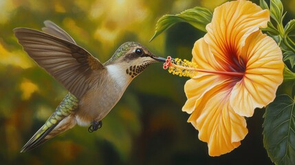 Fototapeta premium Hummingbird feeding on a vibrant yellow hibiscus flower in a lush garden setting.
