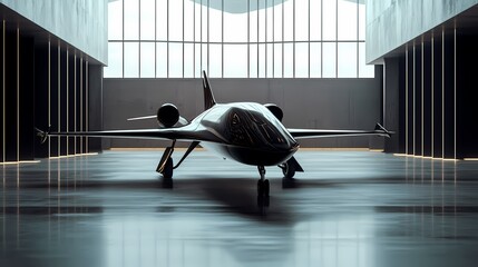 A sleek, modern jet sits on a polished runway in a spacious hangar, showcasing its aerodynamic design.