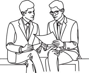 Fototapeta premium Line Drawing of Two Businessmen Discussing a Document A Modern Illustration of Professional Conversation