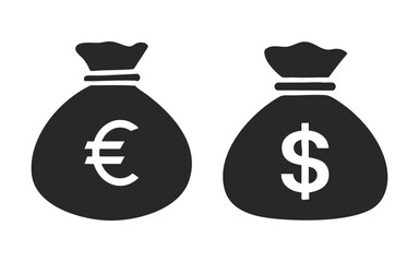 bag with dollar and euro, Black and White Dollar and Euro Money Bag Icon set vector silhouette white background