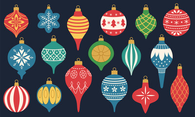Retro Christmas ornaments and baubles. Christmas balls and decorations of different shapes and sizes with patterns. Vintage decorations for the Christmas tree. Dark background.