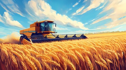 Fototapeta premium A modern combine harvester working in a golden wheat field under a vibrant blue sky.