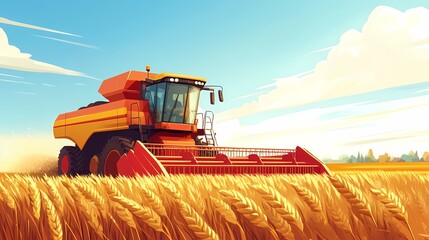Obraz premium A vibrant, red combine harvester operates in a golden wheat field under a bright blue sky.