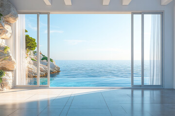 Fototapeta premium Perspective of modern luxury building with wood terrace and swimming pool on sea view background