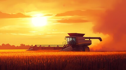 Fototapeta premium A large yellow combine harvester working in a golden wheat field at sunset.